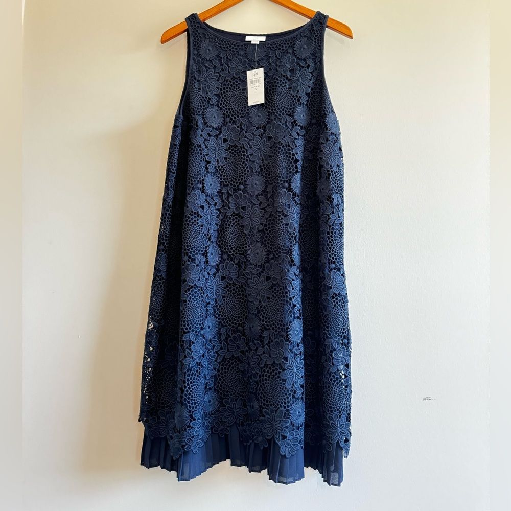 J Jill Lace Overlay Navy Blue Pleated Hem Dress Size Small